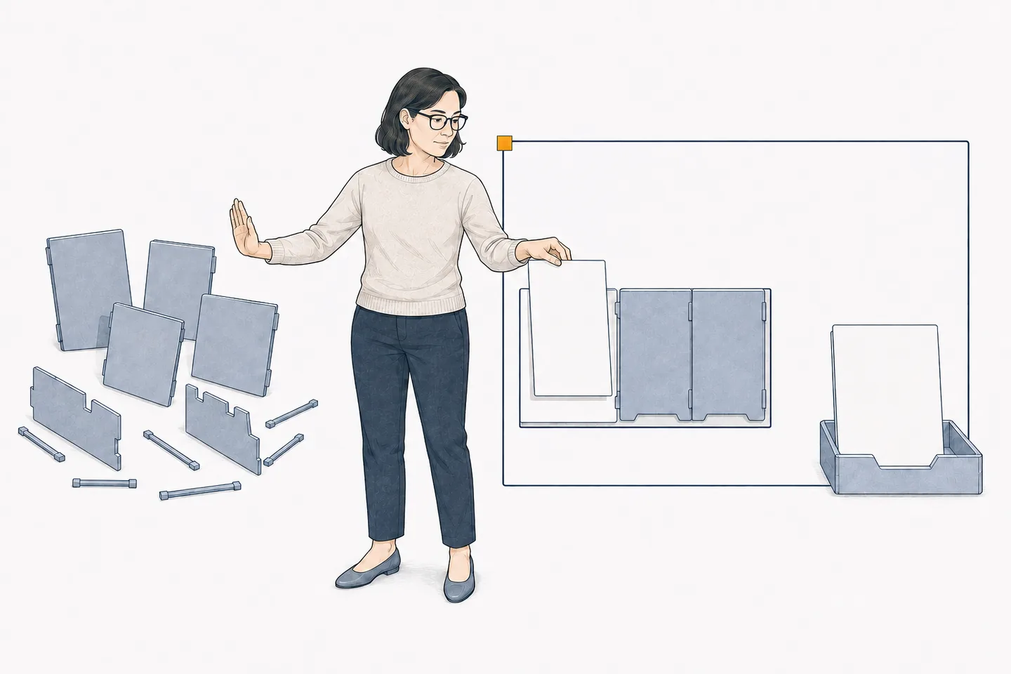 A reviewer holding one hand up to a scattered pile of unassembled parts, while passing a single document into a marked-out boundary containing one small assembled set.