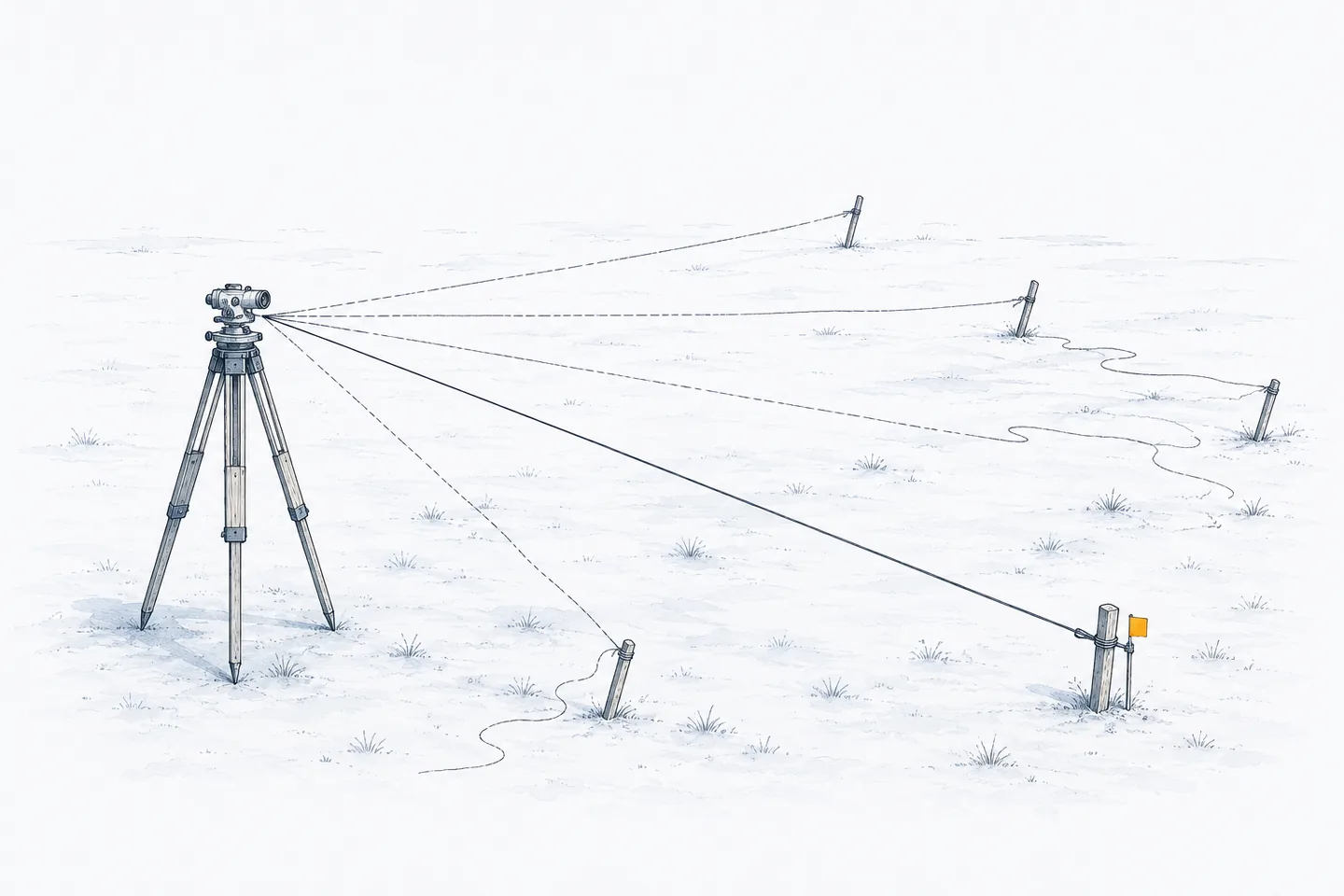 A surveyor's level on a tripod with five string lines running to five pegs across open ground. Four hang slack; one is taut to a driven peg carrying a small amber mark.