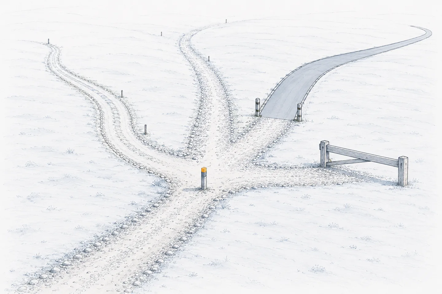 A gravel track arrives at a peg with a small amber mark, and four separate routes leave it: the track continuing ahead, a paved lane taking over at a boundary, the track widening into two lanes, and a short spur closed by a timber barrier.