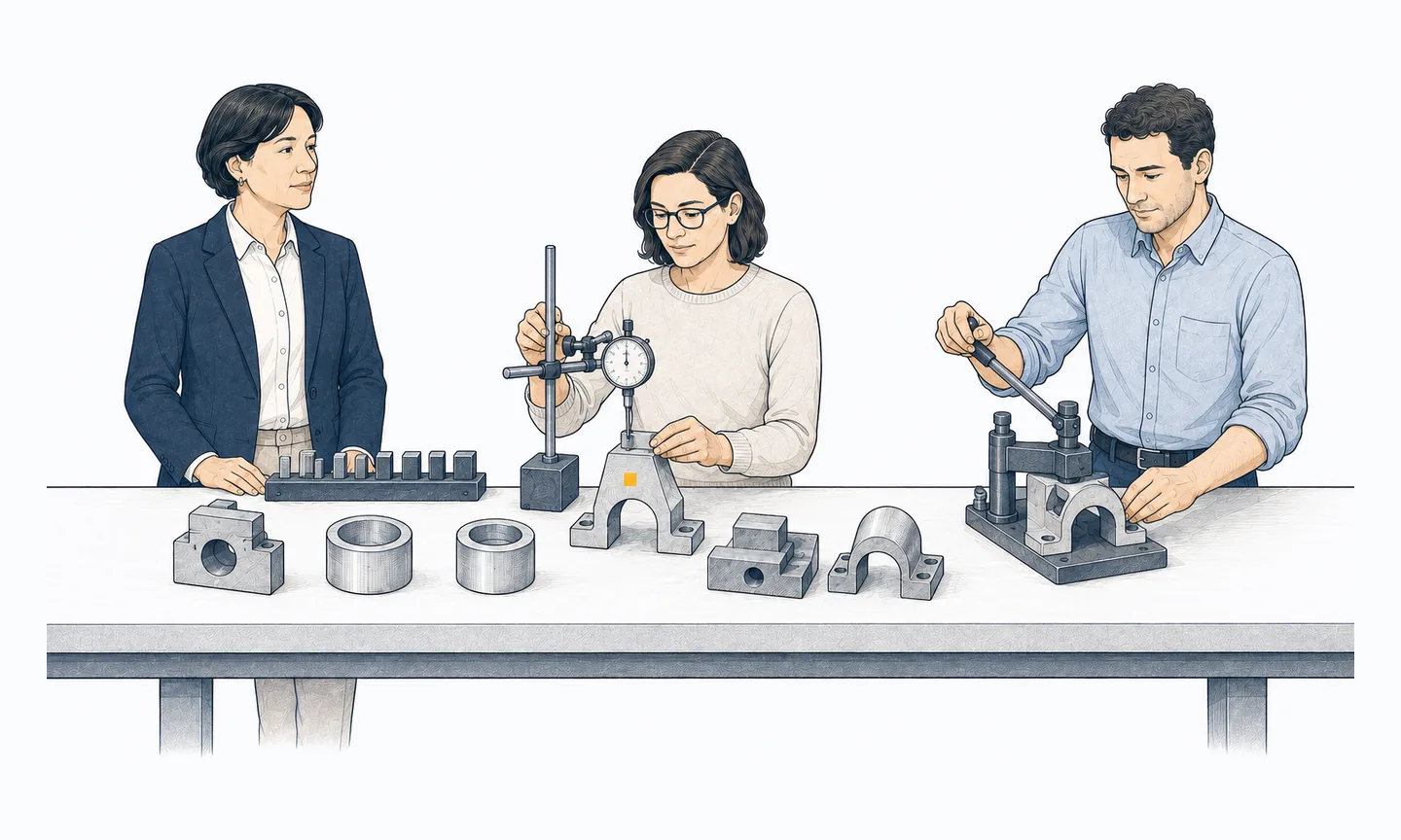 On one inspection bench, five machined parts stand against a set of gauge blocks. One is measured with a dial indicator and carries a small amber mark, and an identical part is worked in a hand-operated fixture.