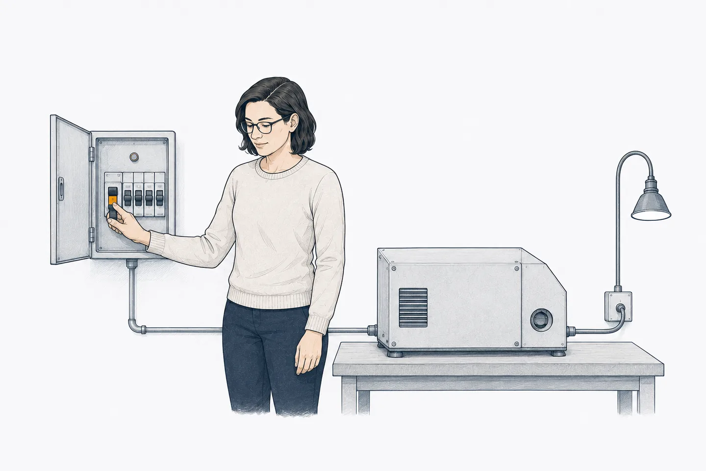 A reviewer with one hand on the main isolator of a wall enclosure, a short conduit running to an enclosed bench unit and on to a socket and a lamp.