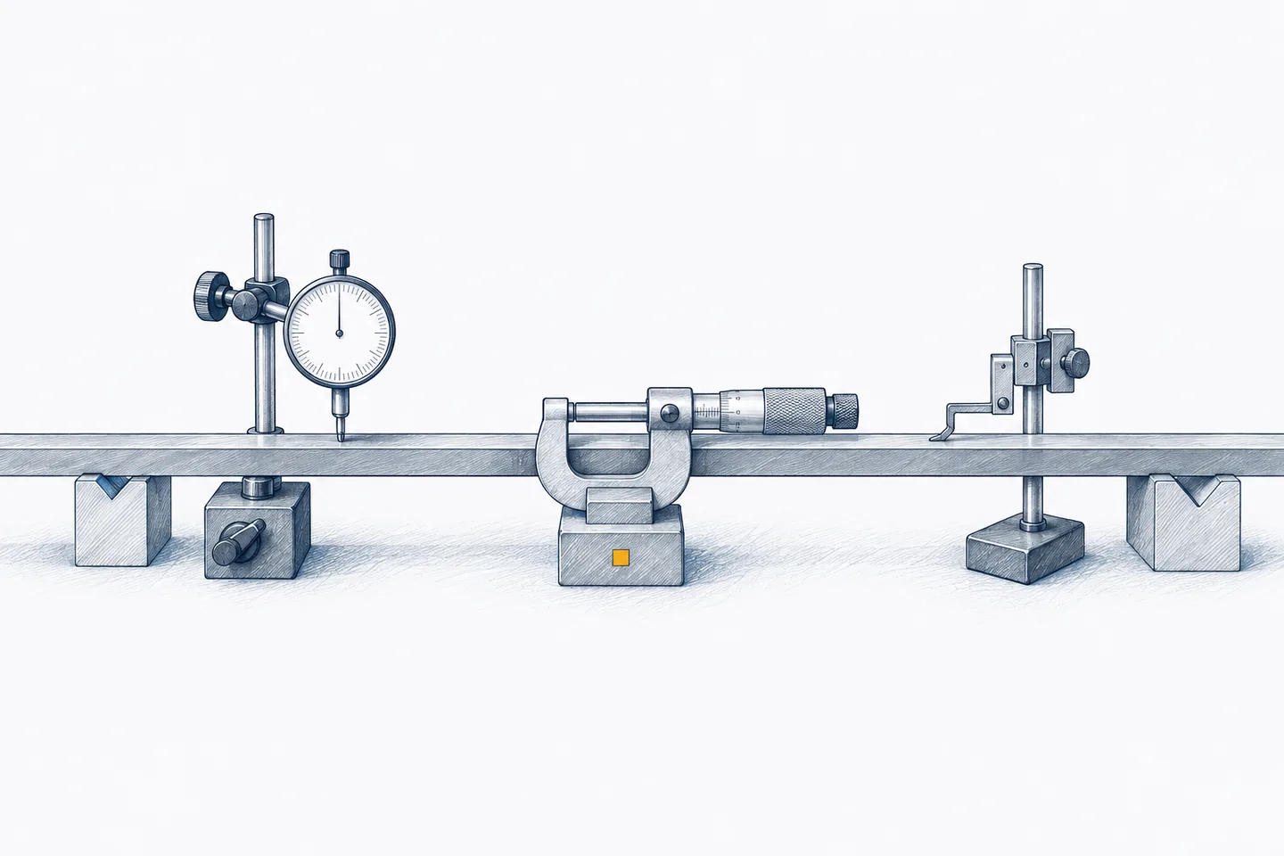 A long steel bar on V-blocks running out of both sides of the frame, measured at only three points: a dial indicator, a micrometer with a small amber mark on its stand, and a surface gauge.