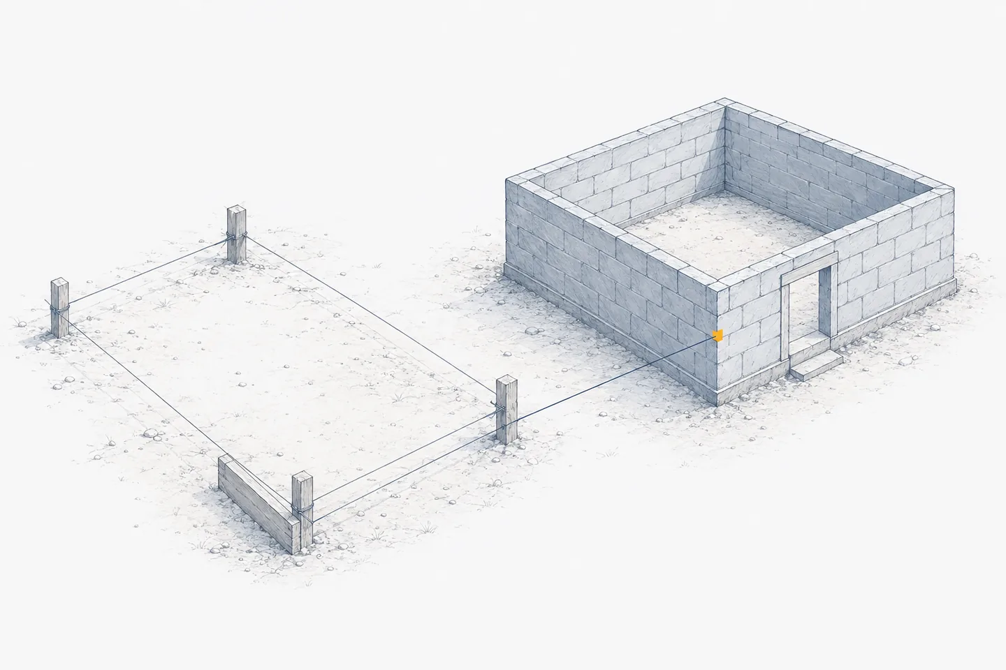 Setting-out pegs and string lines on bare ground beside the same small masonry room built to those lines, with one line running from a corner peg to the built corner and a small amber mark where it lands.