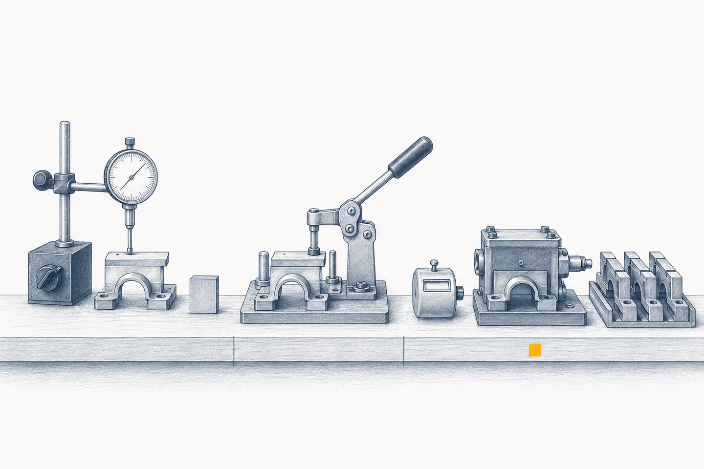 One machined bracket along one bench: under a dial indicator beside a gauge block, then bolted into a lever fixture beside a tally counter, then installed in an assembly beside a rack of finished units, with a small amber mark under the last station.