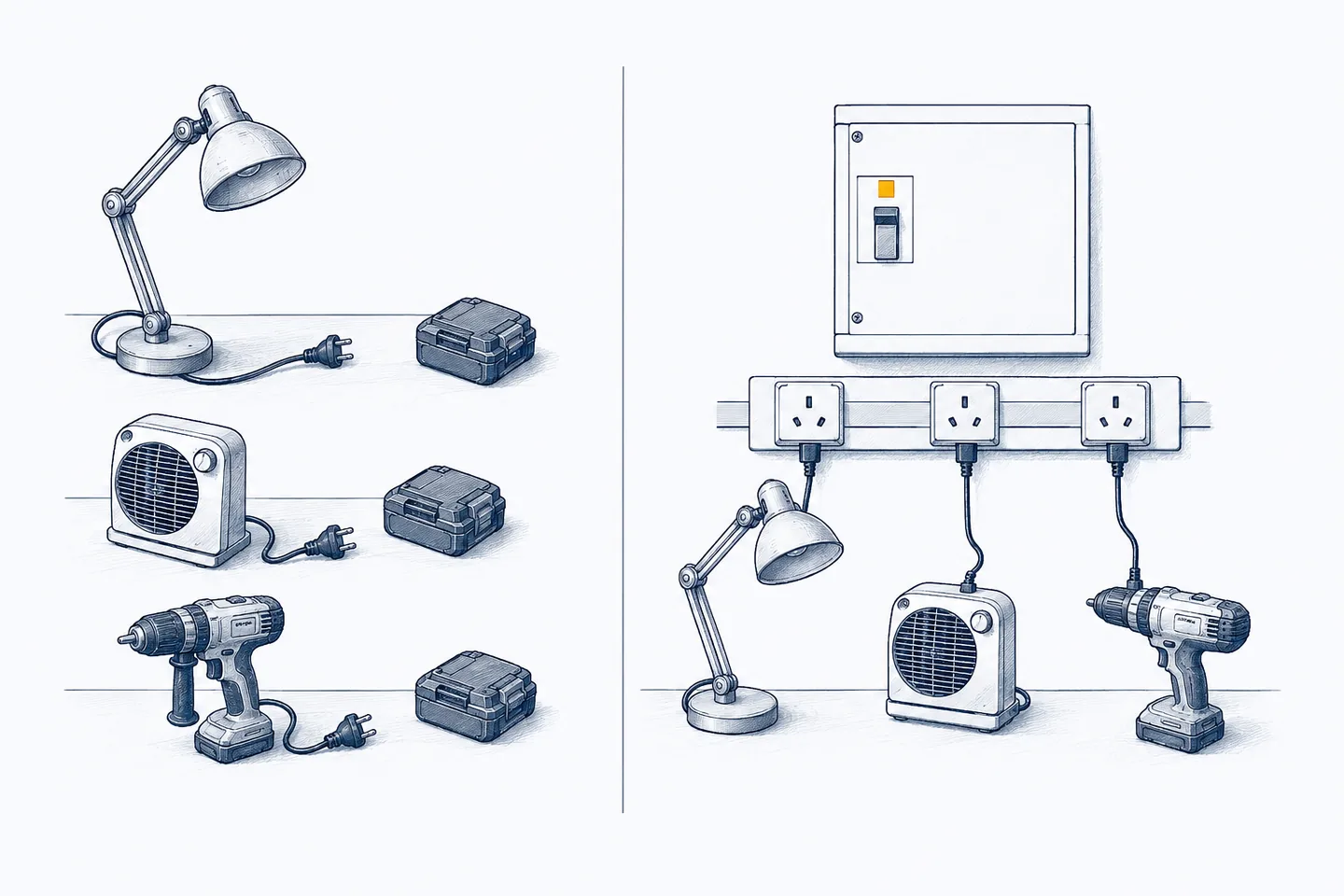 On the left a lamp, a fan heater and a drill lie apart, each with its own loose plug and battery pack. On the right the same three run from one wall board and three fixed outlets, with a small amber mark on the board's isolator.